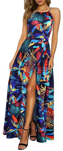 KILIG Maxi Dresses for Women UK Summer Dress Halter Neck Wedding Guest Elegant Long Dress Floral Beach Sundress (Floral-E,X-Large)