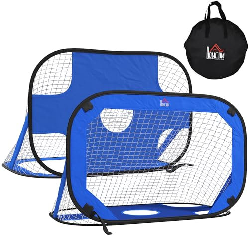 HOMCOM Fußballtore, Pop Up Tor, Tragbares Fußballnetz, 2er Set Minitore, mobil mit Tragetasche, Faltbar, Blau, 123 x 80 x 80 cm