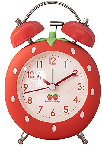 SOFTMED Strawberry Alarm Clock for Kids, Cute Clock with Backlight, Loud Twin Bell for Heavy Sleepers, Bedroom Decoration (Red)