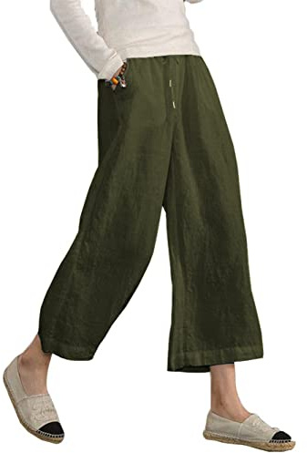 Famulily Cropped Wide Leg Cotton Linen Trousers Womens Summer Army Green XL