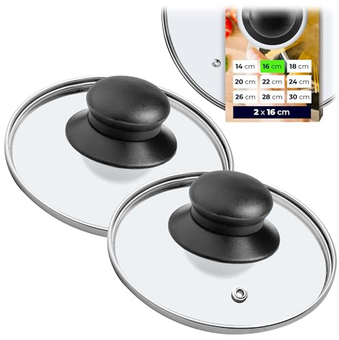 KADAX Glaslock, i set, grytlock av glas, φ14–30 cm, värmebeständigt lock för kastrull, kastrull, grytlock med handtag av plast, universallock (2 x 16 cm)