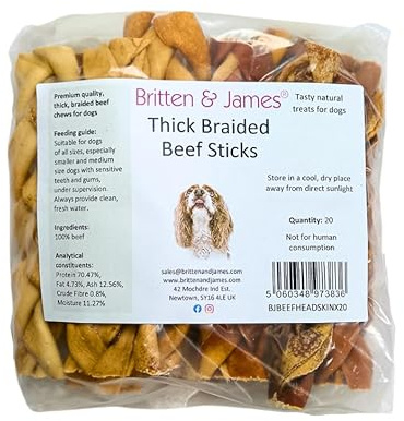 Britten and James 20 Thick Braided Beef Skin Sticks for Dogs (350g). Natural Long-Lasting Dog Chew Treats - Hypoallergenic, Gluten and Grain Free