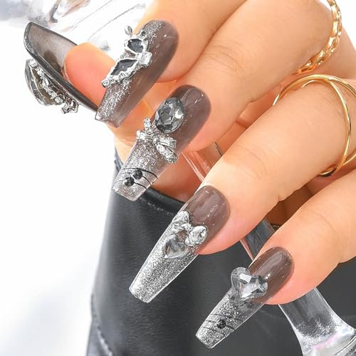 Sethexy Noir Pierre précieuse Fait à la main Faux ongles Long cercueil Paillettes Acrylique Ongles à presser Cristal 3D Métallique Faux ongles pour femmes et filles 10PCS (1)