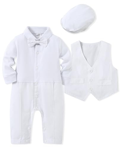 WESIDOM Baby Boy Baptism Christening Outfits Infant Suit Tuxedo with Hats One-piece Romper with Bow Tie Vest Newborn-24 Months