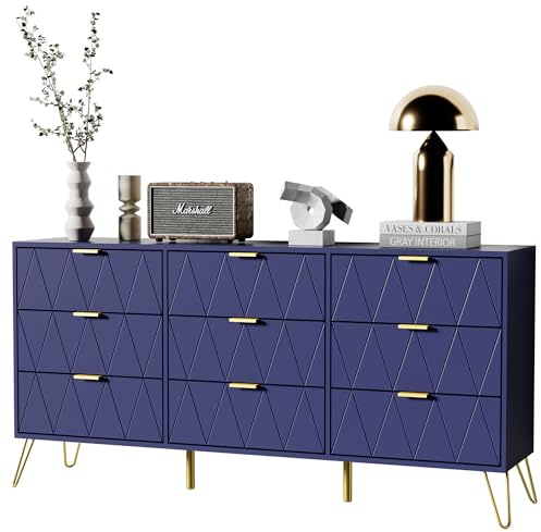 UEV Commode, Armoire à 9 Tiroirs, Meuble Rangement Chambre Adulte/Enfant, 150 x 34 x 74 cm, Style Scandinave, Manches et Pieds en Couleur Dorée, pour Salon, Chambre, Bureau, Bleu