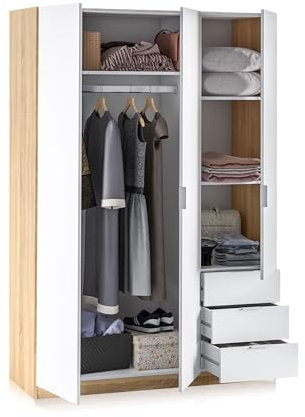 duehome | Armario de 3 Puertas y 3 Cajones, Armario para Dormitorio, Modelo Hexa, Acabado en Blanco Artik y Roble Canadian, Medidas: 121 cm (Largo) x 180 cm (Alto) x 52 cm (Fondo)