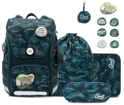 GMT for Kids Schulrucksack Set 6-teilig Ergonomische Schultasche Jungen Mädchen Schulranzen für 1-4. Klasse Wasserdicht Daypack Grundschule Dinosaurier Schultaschen Rucksack 23 L