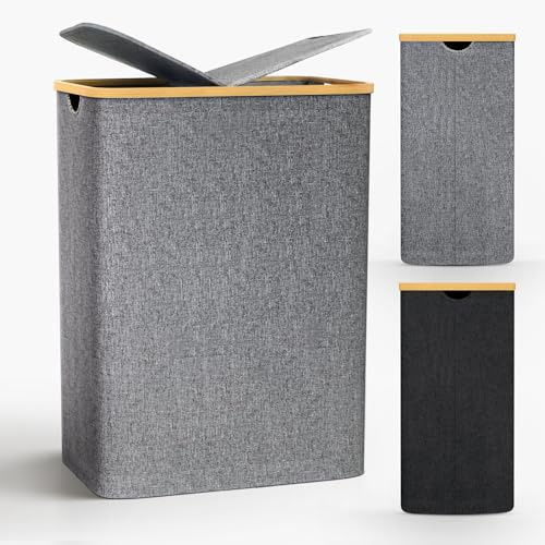 Capocica Schmaler Wäschekorb mit Deckel 140L,Bambusdeckel & herausnehmbarer Wäschesack,hoher Wäschesammler in Grau, platzsparende Wäschetruhe für Waschküche,Schlafzimmer & kleines Bad – Geruchshemmend