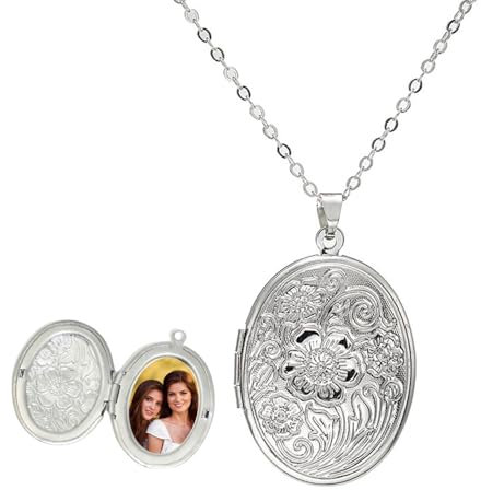 TJUSPIRIT Vintage Medaillon zum Öffnen für Bilder Foto Kette Edelstahl Photo Bild Amulett zum Öffnen Oval Medaillon Amulett Foto Halskette Charms Schmuck Geschenk für Damen Mädchen(Silber)