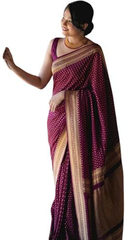 KNETLI Art Silk Saree for Women's With Unstitched Blouse (Gold Maroon)