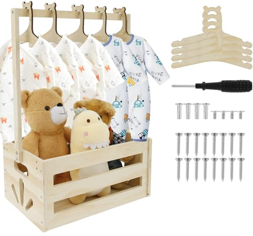 Gatphy Baby Shower Crate Closet with 5 Hangers, Wooden Baby Shower Hamper Basket with Handle Newborn Clothes Wardrobe Storage Basket Newborn Essentials for New Parents Pregnancy (34x23x53cm)