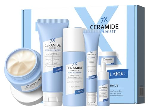 LAIKOU 7X Ceramida Set de Cuidado de la Piel, Ceramida Set Regalo Cuidado de la Piel Mujer, 5 Pcs Skincare Kit Facial, con Leche Limpiadora Facial Tónico Crema para Ojos Suero Crema Facial (Caja)