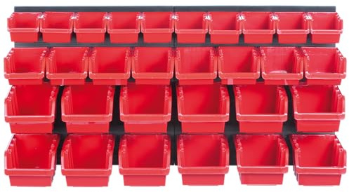 Set di scatole impilabili da 32 pezzi e 2 mensole da parete 39 x 38 cm | parete forata per stoccaggio flessibile | Portautensili per officina, garage e casa | ordine facile