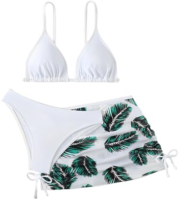 LYZOURBB Girls 3PCs Swimsuit Costume Bathing Suits Bikini Set with Floral Cover Up for Girls 8-13Years White