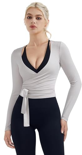SUUKSESS Women Pilates Wrap Workout Cropped Top Ribbed Long Sleeve V Neck Tie Front Ballet Yoga Shrug Blouse(Gray,S)