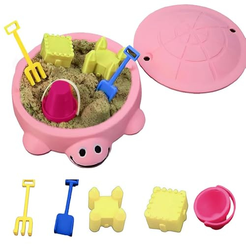 Mini Turtle Sandbox with Lid - Portable Play Sand Box for Kids, Zen Sensory Sandscape Kit with Molds & Mini Tools, Fun Gifts & Home Office Decor for Meditation & Stress Relief (Pink)