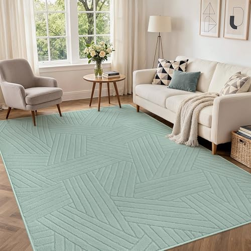 BEIMO Soft Washable Rug 160x230 cm, Area Rugs Living Room Large Abstract Non Slip Carpet Boho Bedroom, Pure Sage Green Lines