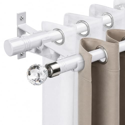 Double Curtain Pole Crystal, White, 76-149cm, Metal Heavy Duty, Wall Mount | Luxury Crystal finials, Double Strength & Heavy-Duty, length adjustable, fits all curtain types, wall mount kit included