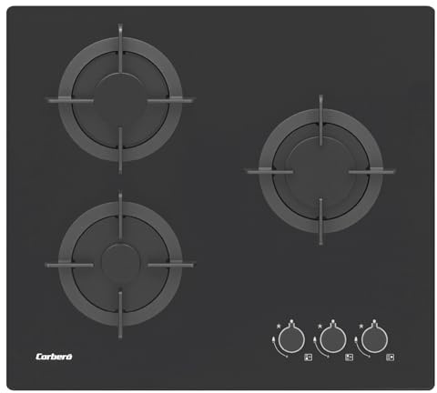 Corberó - Placa Gas Cristal 60cm | CPG306N | 5,45kw |3 Zonas | Mandos Laterales | Parrilla Hierro Fundido | Sin Marco | Kit conversión| Sin Autoencendido | Desconexión automática | Negro