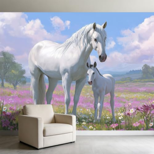 Générique 300 x 210 cm papier peint chambre enfant Rose, Campagne Animaux Chevaux Et Fleurs Murale XXL Poster Tableaux Muraux Tapisserie Photo Trompe l'oeil pour chambre salon cuisine