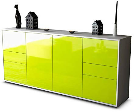 Stil.Zeit Sideboard Gemma, Korpus Weiss matt, Front Hochglanz Limettengrün (180x79x35cm) Push-to-Open Technik & Leichtlaufschienen