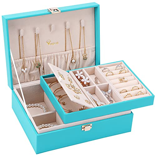 Voova Jewellery Box Organiser for Women Girls, 2 Layers Large Jewelry Storage Case, PU Leather jewlerrying Display Holder with Removable Tray for Necklace Earrings Rings Bracelets, Gifts, Teal