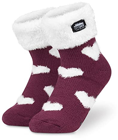 CityComfort Slipper Socks Women Teenagers - Fluffy Socks Non Slip Warm Fleece One Size Lounge Wear - Gifts for Women (Burgundy/White)