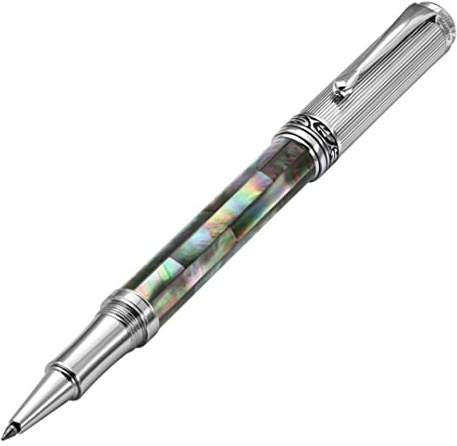 Xezo Maestro stylo roller, pointe fine. Incrustation de coquille de Pāua abalone avec placage de chrome. Fabriqué à la main, édition limitée, numéroté. Chaque pièce unique