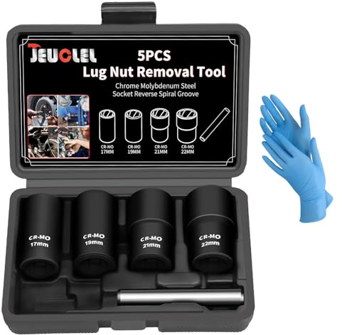 JEUCLEL 5PCS Twist Lug Nut Socket Set - 1/2 inch Drive Damaged Nut Lock Remover Extractor - Rusted & Strip & Stripped & Stuck Locking Nut Removal Tool Kit with 17mm 19mm 21mm 22mm Sockets