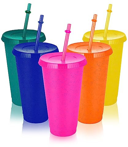 5 Pcs Tasse en Plastique Réutilisable Gobelet Verres, 700 ml Gobelet avec Paille et Couvercle Réutilisables en Plastique Coloré à Paillettes pour café glacé et smoothie