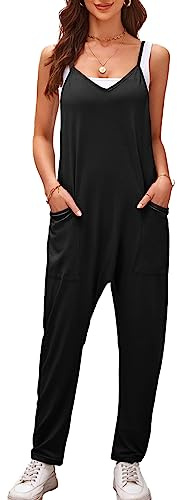 Sukany Women's Loose Overalls Summer Casual Baggy Jumpsuits Adjustable Spaghetti Strap Harem Rompers with Pockets Black XS