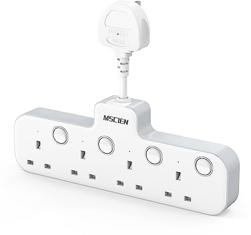 Mscien Hanging Plug Extension Socket, Multi Plug with Switches 4 Way Plug Adapter,Multi Plug Adaptor Wall Socket Extender for Home, Office, Multiplug Socket Extension