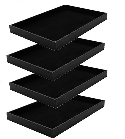 JETEHO Velvet Jewelry Tray for Drawers Black Jewelrys Display Tray Stackable Jewelry Organizer Trays for Necklace Bracelet Ring Watch (4, Black)