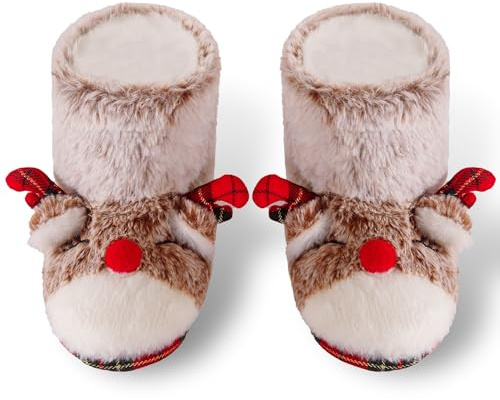 Dream Bridge Chaussons pour filles Noël Bottes d'intérieur pour enfants Renne élan Animaux Chaud Peluche Touffu Bottines à la cheville,élan,Taille XXL,34/35EU