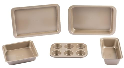 Salter Bakes 5 Piece Bakeware Set – Non-Stick Coated Roaster, Baking Tray, Square Pan, Loaf Tin, Muffin Tray, Oven Safe Up to 220°C, PFOA-Free, for Cake/Cookies/Bread/Muffins, Gold