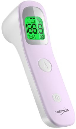 EUROPAPA Termómetro de frente para bebés, niños y adultos, por infrarrojos, con alarma de fiebre, modos °C y °F, memoria para 30 valores de medición (violeta)