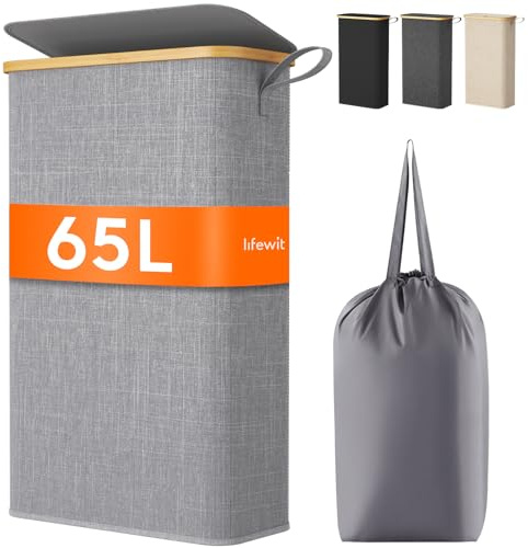 Lifewit Cesto Portabiancheria Salvaspazio, Cesta Biancheria Sporca con Coperchio, Porta Biancheria Sporca Slim per Bagno, Laundry Basket per Camera da Letto, Bagno, Lavanderia, 65 L, Grigio