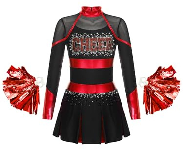 Mufeng Déguisement Pompom Girl Costume Cheerleading Filles, Déguisement Uniforme De Pom-pom Girl Enfant Et Pompoms Halloween Carnaval Mascarade 5-16 Ans Noir rouge 15-16 ans