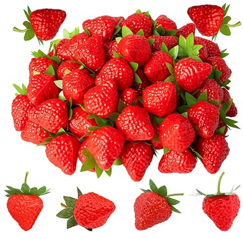 JINJUMEI 30 Pièces Fraises Fruits en Plastique, Fruits Fraise Artificielle Artificiel Simulation Strawberries Fraise Faux Fruit Décoration pour Maison de Fête Décoration Accessoires de Photographie