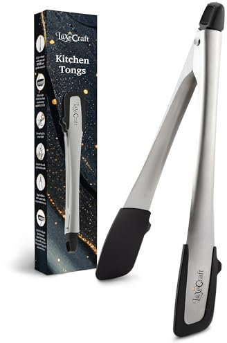 Luxecraft Kitchen Tongs - Premium Stainless Steel Tongs for Cooking with Non-Scratch LFGB Silicone Tongs Tips, Locking Handles, Built-In Stand, Dishwasher Safe, Ideal for Grilling, Frying, and Serving