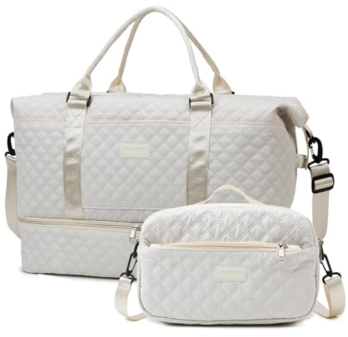 Outplea Grand Sac de Voyage 55L Femme Fille, Sac Valise avec Poche Humide, Sac de Transport Sac Weekend avec Compartiments à Chaussures, Sac à Main avec Trousse de Toilette pour Natation, Blanc