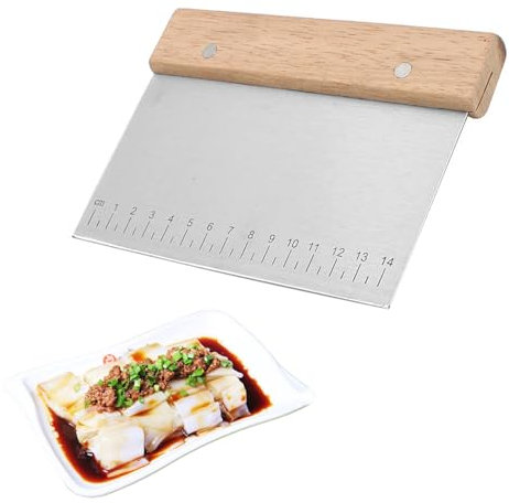 Teigschaber Edelstahl, Premium Teigkarte mit Rutschfestem Holzgriff und Messskala, Rechteckiger Teigspachtel für Kuchen, Pizza, Brotschneiden, 15cm, Küchenbedarf