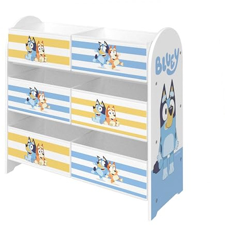 Bluey Toy Storage Unit - 6-Box Organizer for Bedroom - Made from Engineered Wood/Fabric/Metal - Easy Assembly and Clean Up