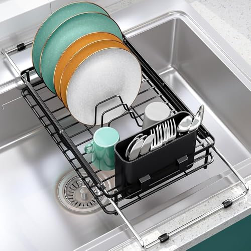 Dish Drainer Rack in Sink, Dish Drying Rack Over the Sink, Rustproof Dish Rack with Utensil Holder Expandable Handle, Compact Sink Drainer Rack for Kitchen Counter, Black