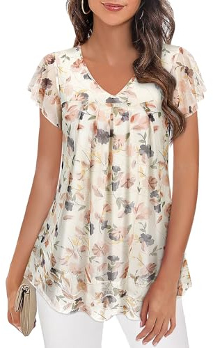 Syphiby Tunic Tops UK Women Top for Wedding Ladies Dressy V Neck Blouse Double Layers Tunics Shirts Fashion Elegant Flowy Flattering Tops Short Sleeve Pleated Shirt Summer Blouses