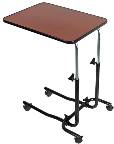 Eazy Height Adjustable Overbed Table with wheels, Portable Rolling Bed Desk with Tilting Wood Top for Meals, Laptop & Reading Comfort, Mobility Support for Seniors & Disabled
