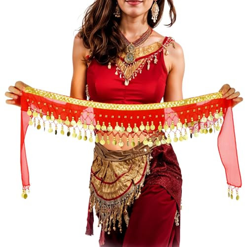 Prasacco Damen Bauchtanz Hüfttuch, 1 Stück Chiffon Bauchtanz Gürtel 160 x 15 cm Gürtel Röcke mit Münze und Pailletten für Partys, Feiern, Tänze, Bühnenauftritte(Rot)