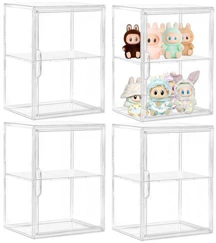 Acrylic Display Case, 2 Layer Clear Figure Display Cases for Collectibles with Magnetic Door, Acrylic Box with Movable Dividers 4 Pack