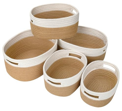 Ezvsevuo Set di 5 Cestini Portaoggetti in Cotone Intrecciato, Impilabile Ceste Portaoggetti, Organizer Bagno, Cesto Portaoggetti per Camera, Bagno, Soggiorno - Iuta & Bianco