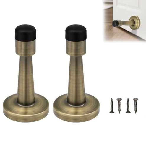 2 Pcs Door Stopper, Brass Door Stoppers, Wall Mounted, Heavy Duty Door Stops with Rubber Tip, Wall Protector Doorstop for Skirting Board Bedroom Bathroom Office Hotel Indoor Use Noise Reduction